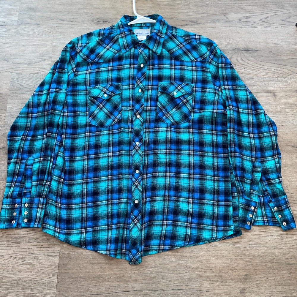 Wrangler Wrancher Mens Large Pearl Snap Western Shirt Teal Turquoise Blue Plaid